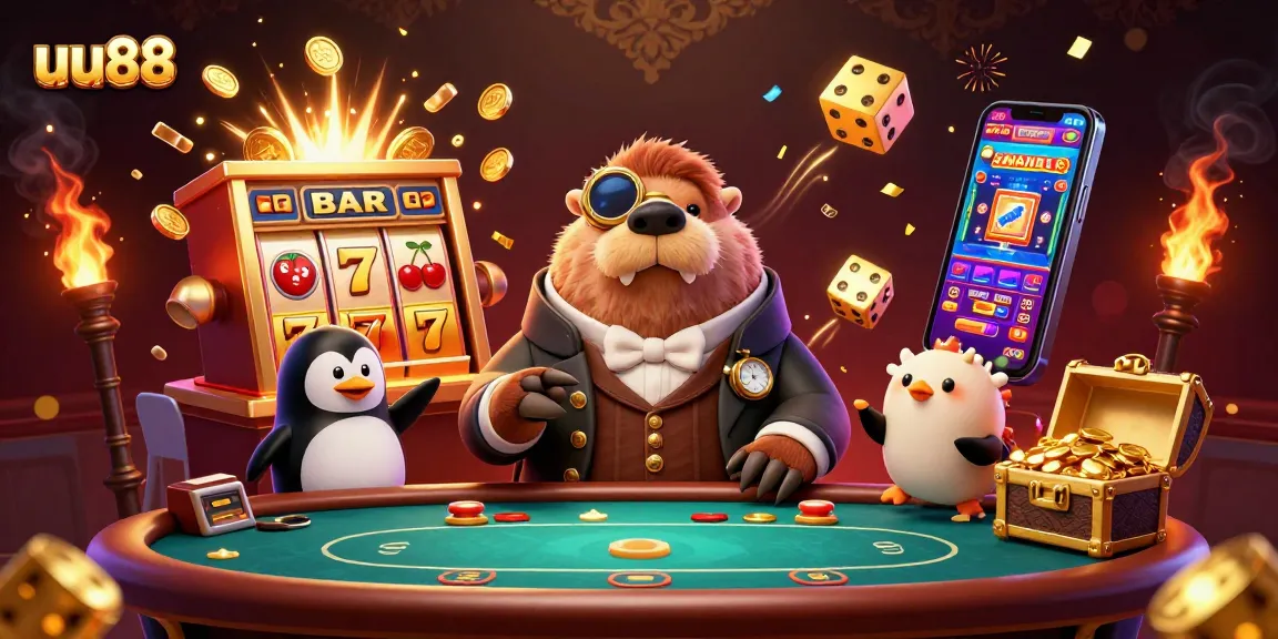 uu88 casino illustration showcasing a walrus playing poker with a dealer and a bluffing fish.