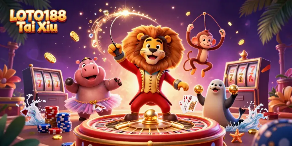 Experience LOTO188 Tai Xiu's vibrant casino scene with cartoon characters surrounded by sparkling elements and rich colors.