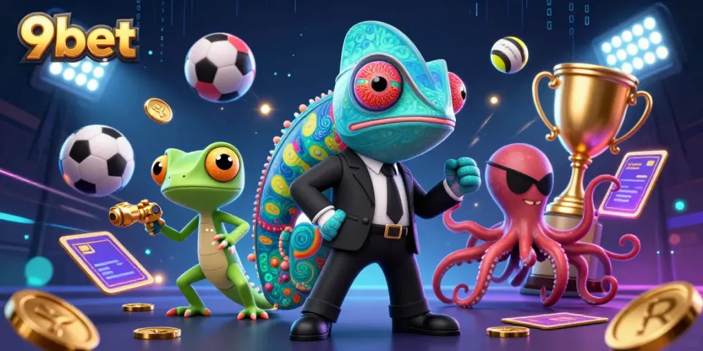 Experience the thrilling action at 9bet with a dynamic 3D casino illustration featuring colorful characters and iconic gaming elements.