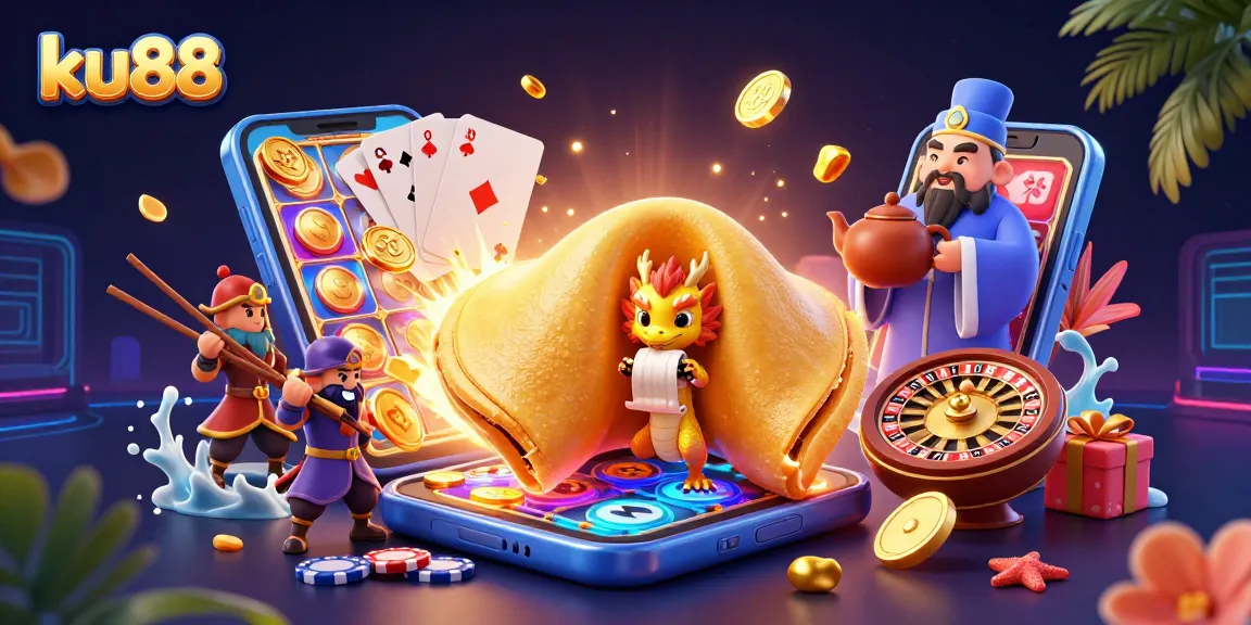 ku88 showcases an enchanting scene with a golden fortune cookie, a wise dragon, and dynamic gaming elements.