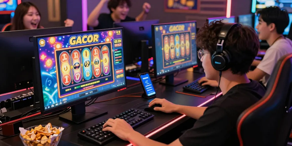 Excited player enjoying slot gacor action on a vibrant gaming setup.