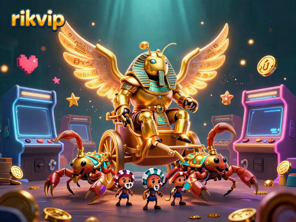 Experience the thrill of playing games at rikvip with a vibrant 3D illustration featuring epic characters and casinos.