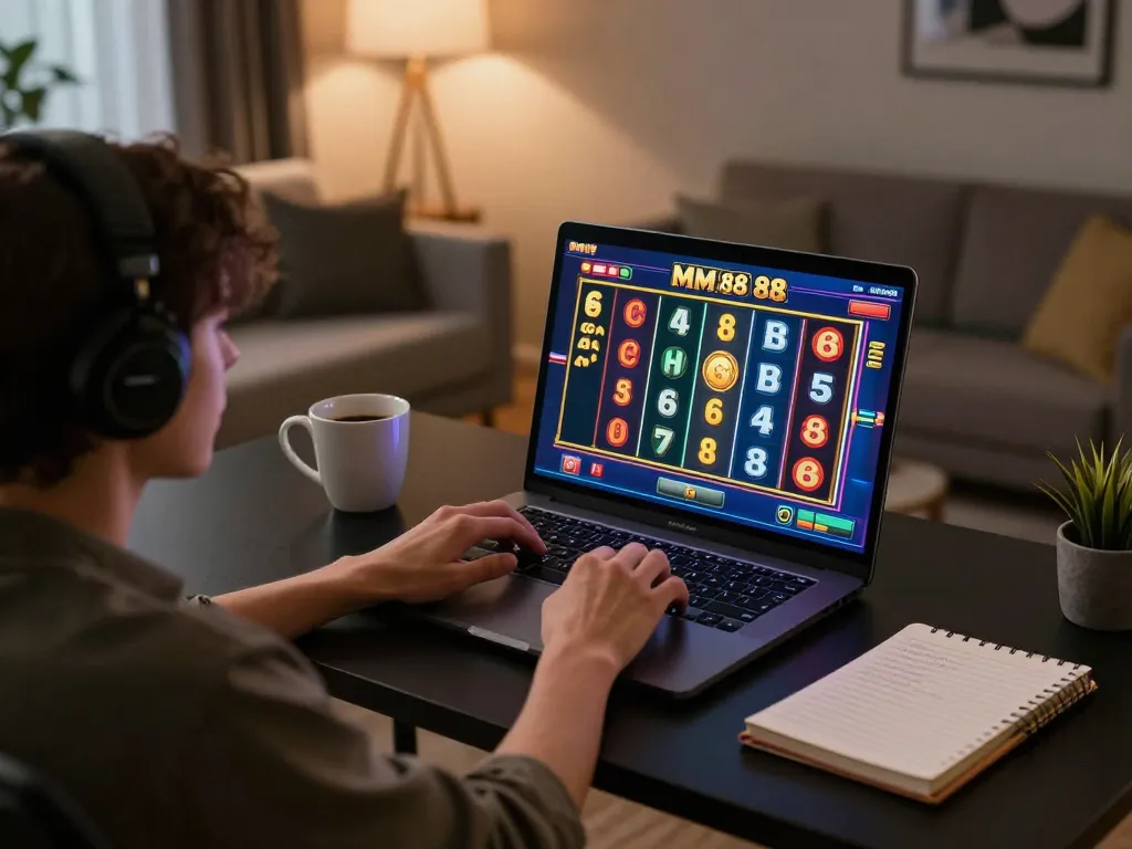 Engaged player experiencing MM 88 online slot gaming at home with vibrant visuals.