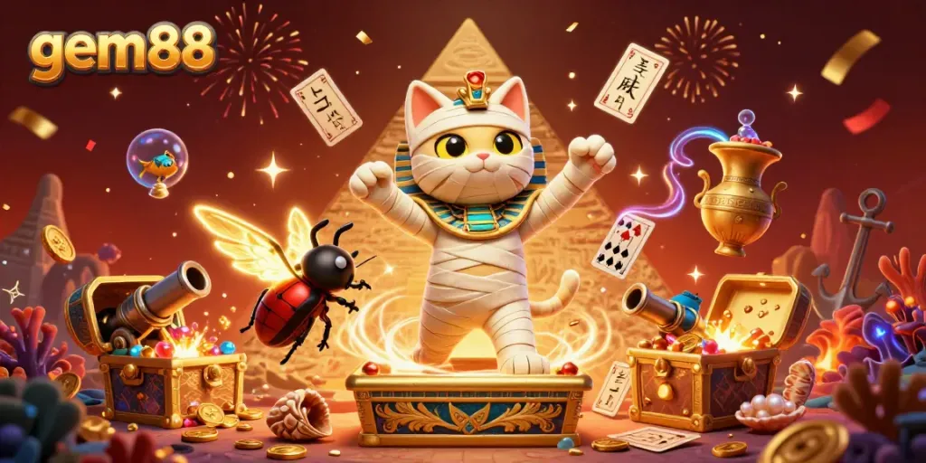 Experience exhilarating gaming with gem88's vibrant online casino featuring characters and treasures