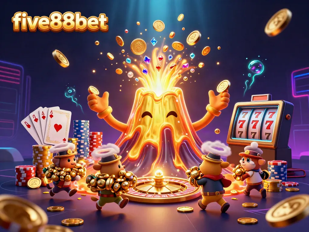 Experience thrill with five88bet as golden treasures erupt from a cartoon volcano in a vibrant casino scene.