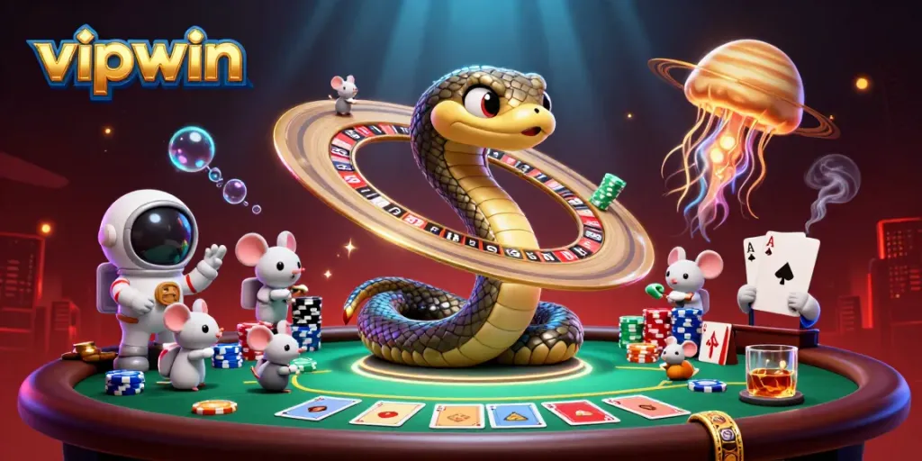 vipwin captures the excitement of betting with astronaut mice and a cosmic dealer in a vibrant casino scene.