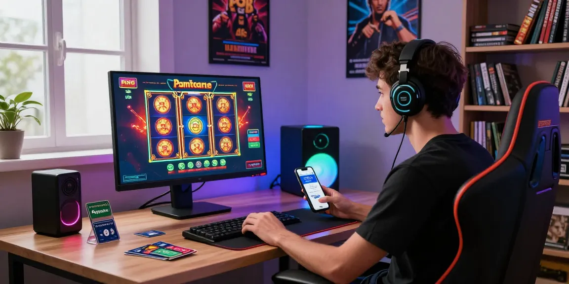 Paysafe Card Casino-Szene mit einem Spieler, der sich mit Online-Gaming beschäftigt, und lebhaften Spielautomaten sowie Paysafe-Gutscheinen.