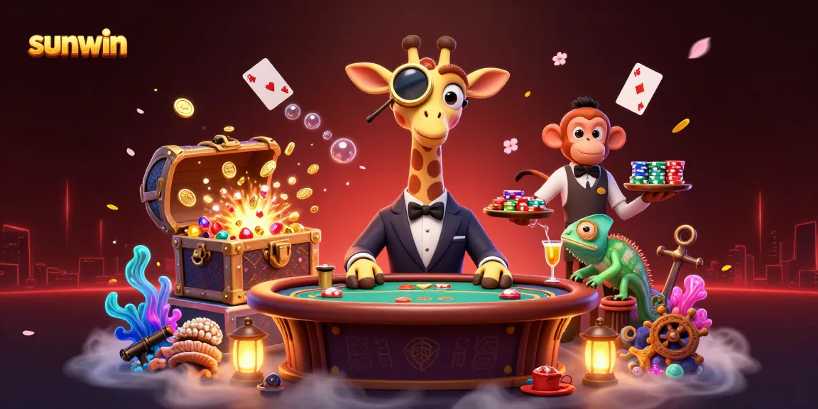 Win big with sunwin at a vibrant casino scene featuring a high-roller giraffe and fun game elements.