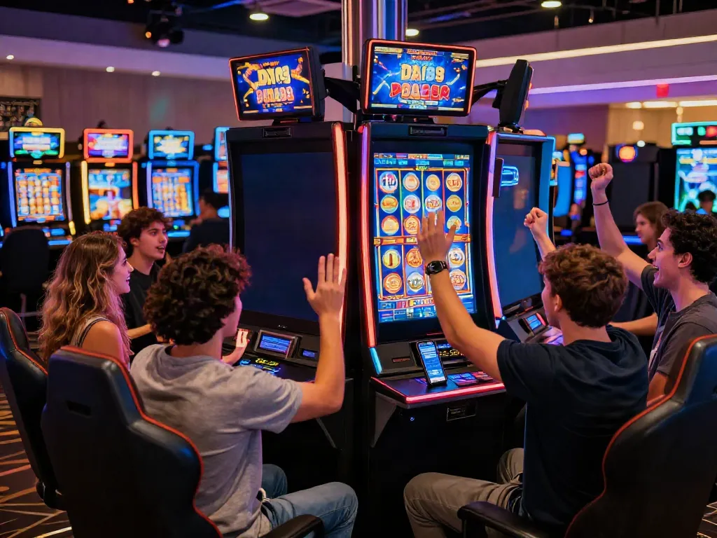 Excited players enjoying vibrant slot games at DA88, celebrating a jackpot in an engaging online casino environment.