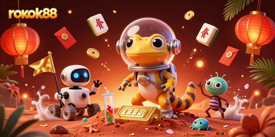Join the excitement of rokok88 as the Martian gecko discovers a golden casino and celebrates winning.