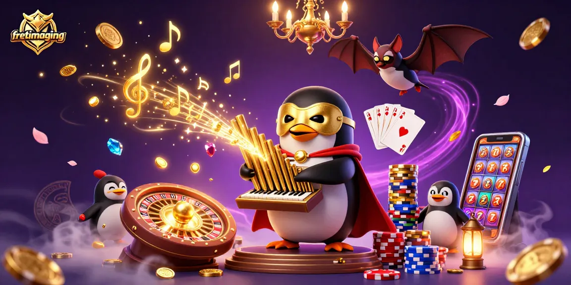 Experience the magic of fretimaging as a penguin plays the organ amidst golden coins and casino elements.