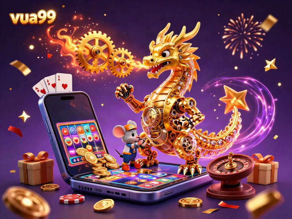 Experience the vibrant world of vua99 with a golden dragon and exciting casino elements.