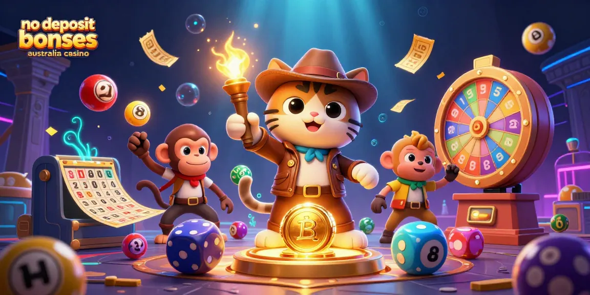 No deposit bonuses Australia casino showcase in an action-packed, vibrant 3D scene with cartoon characters.