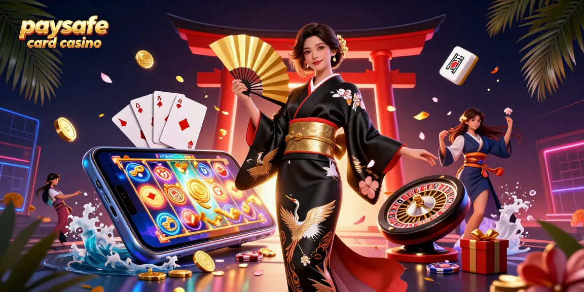 Paysafe Card Casino Illustration, die eine elegante asiatische Frau mit einem goldenen Fächer zeigt, umgeben von lebhaften Casino-Elementen.