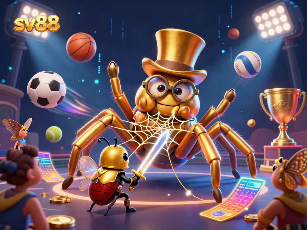 Experience thrilling moments at sv88 with a fantastical scene of a golden tarantula, beetle knight, and sports elements.