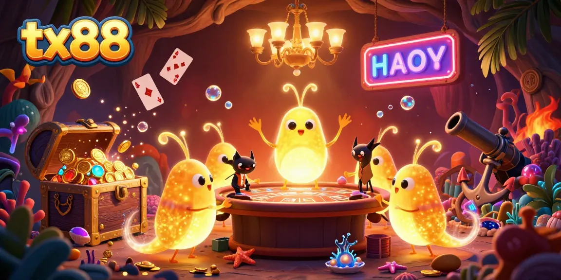 Experience the magic of tx88 as glowworms illuminate a vibrant cave casino with gold coins and gems.