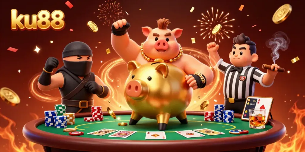ku88's lively gaming scene with cartoon characters celebrating a big win at a poker table.