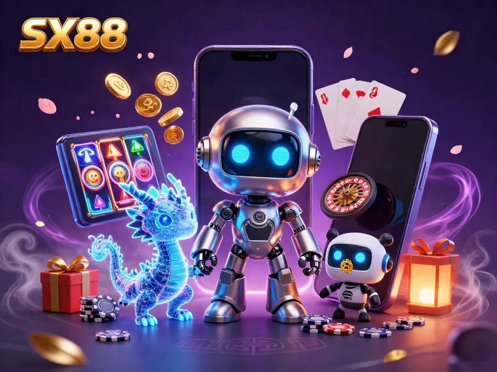 SX88 engaging in thrilling casino action with vibrant slot games and dynamic characters