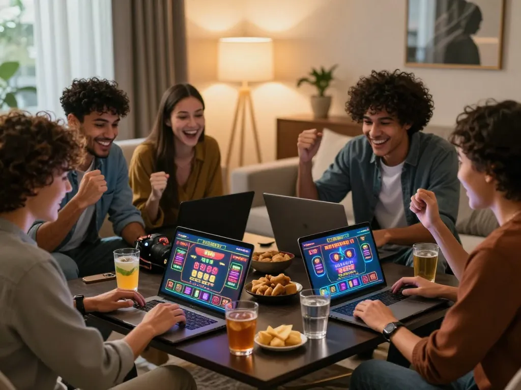 Friends engaging in an exciting MM88 online gaming experience in a cozy living room.
